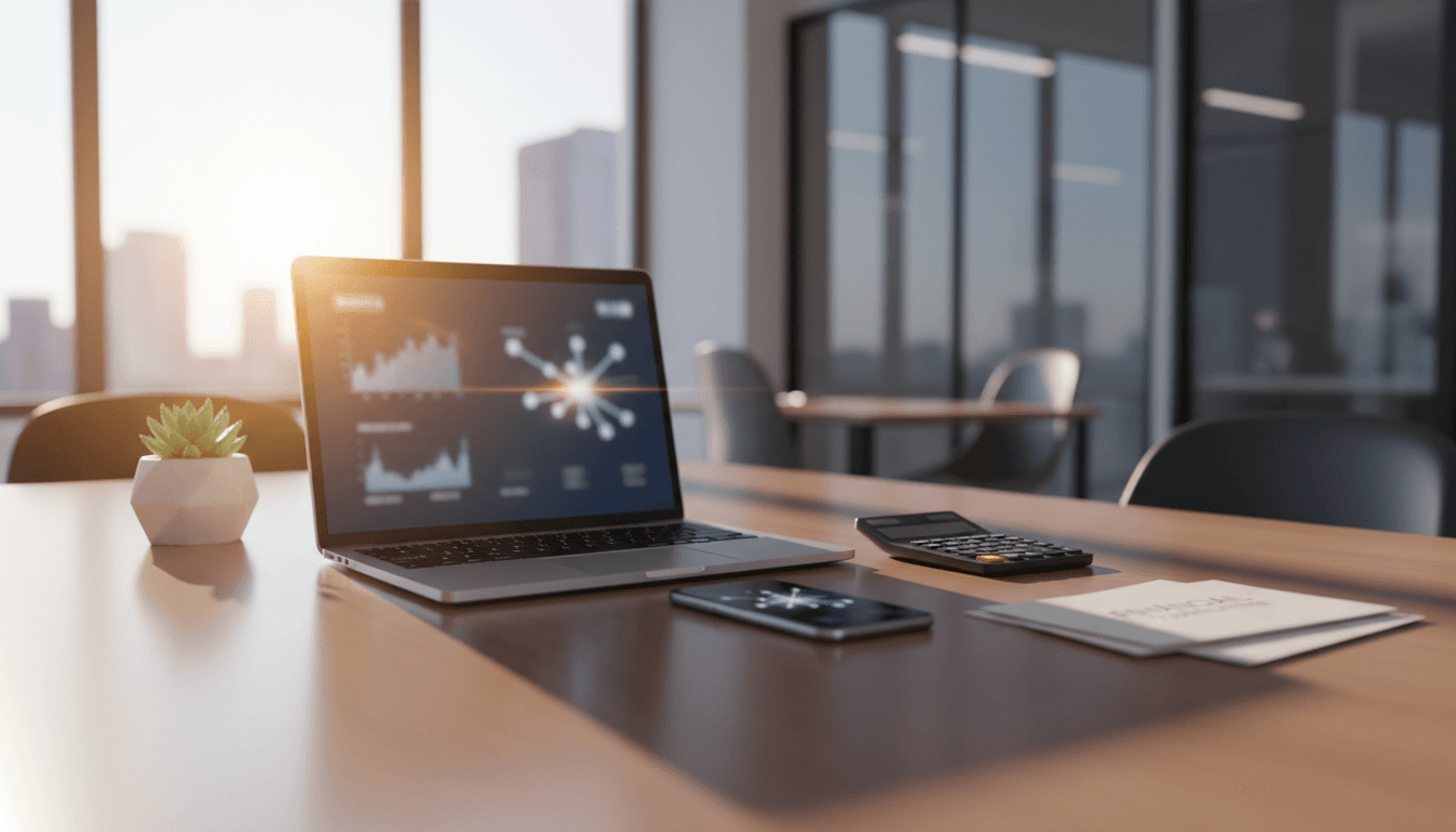 Modern desk with laptop and smartphone under warm lighting, symbolizing connectivity