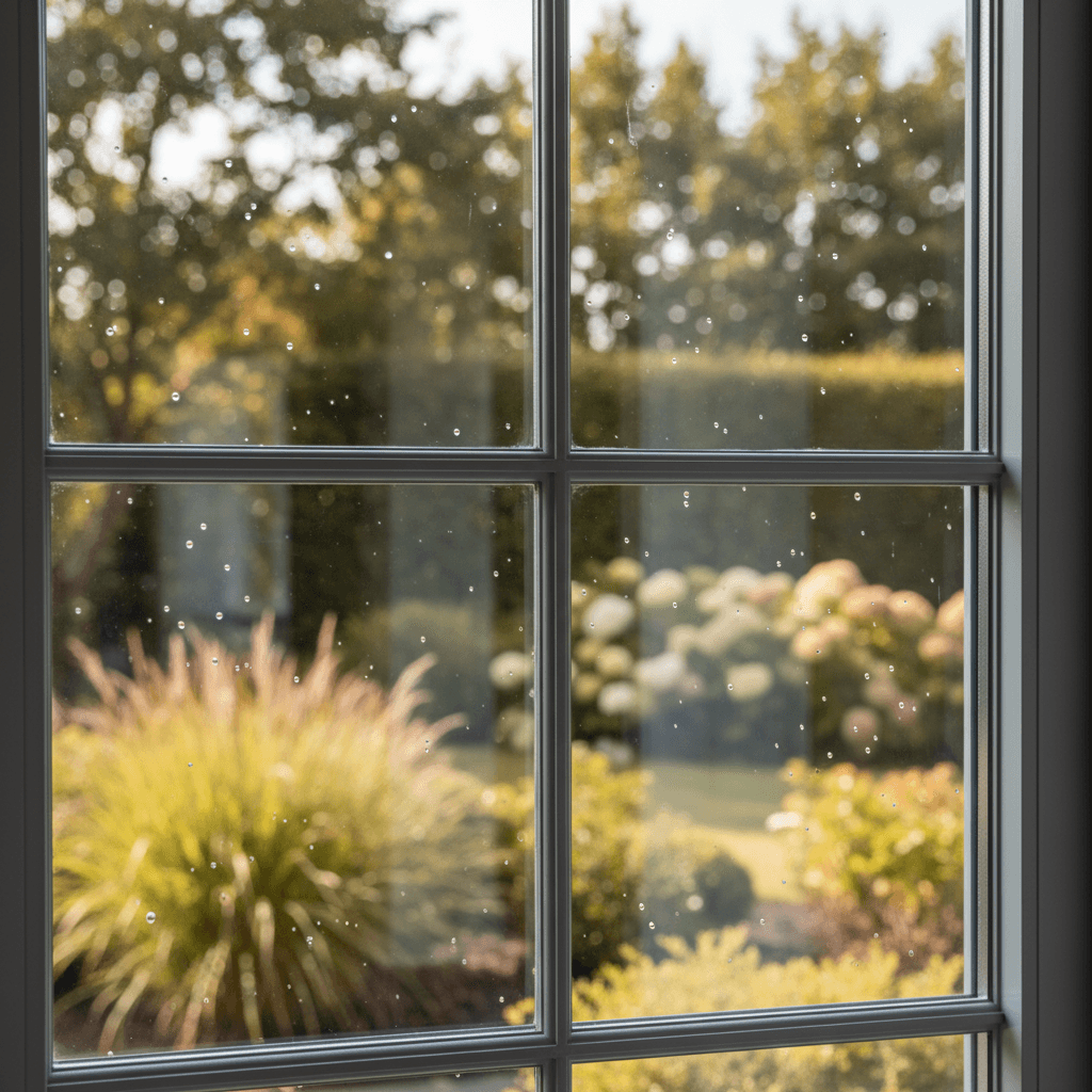Sparkling clean residential windows showing crystal clarity and outdoor landscape visibility after professional cleaning
