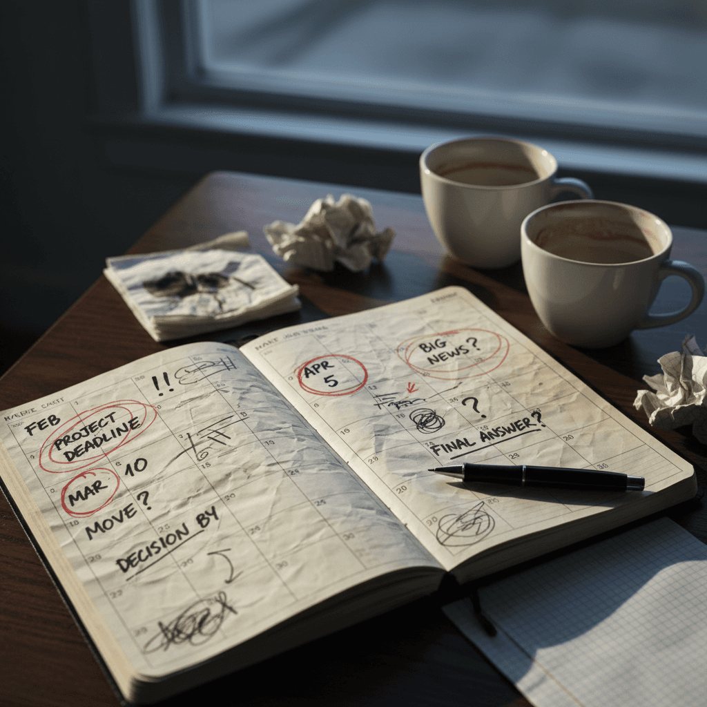 Close-up of open calendar with circled dates, marked deadlines, and scattered notes showing planning anxiety