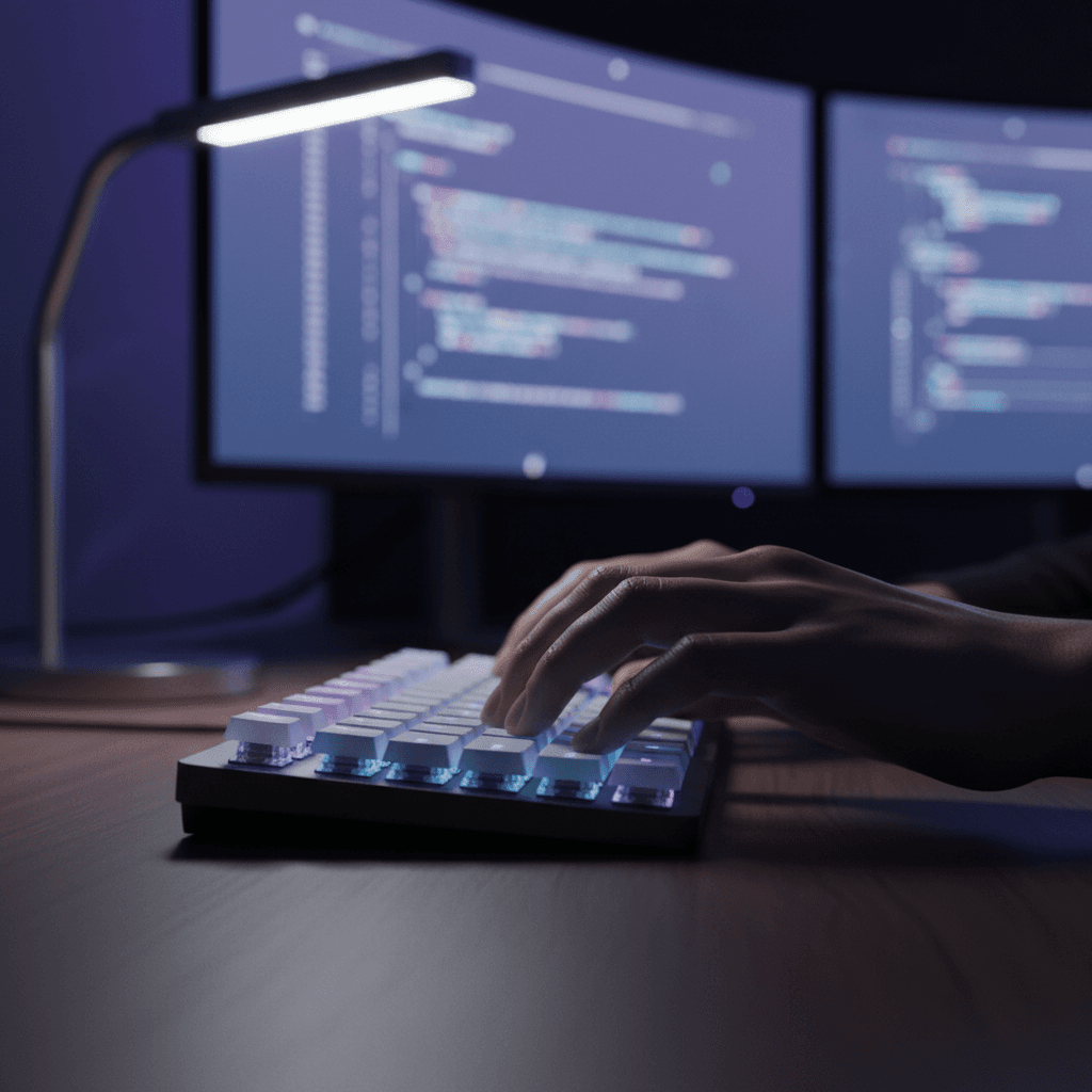 Developer's hands typing on illuminated mechanical keyboard with code displayed on blurred monitors