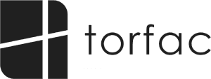 Dark grey geometric logo resembling a window or H, next to the word 'torfac'.